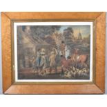 A Vintage Maple Framed Sporting Print, Fox Hounds and Huntsmen Outside Pub, 49x37cm