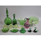 A Collection of Various Green Glass to Comprise Decanter, Bowls, Part Dressing Table Sets, Tazzas
