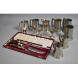 A Collection of Pewter and Stainless Steel Tankards, Cased Carving Set etc