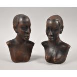 A Pair of Carved African Souvenir Busts, 20cm high