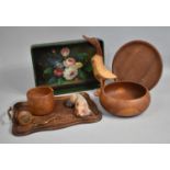 A Collection of Treen to Include Wooden Trays and Fruit Bowls, Decorated Mirror, Goose Ornament etc