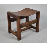 A Early/Mid Carved Oak Leather Topped and Brass Studded Stool, 51x38cm