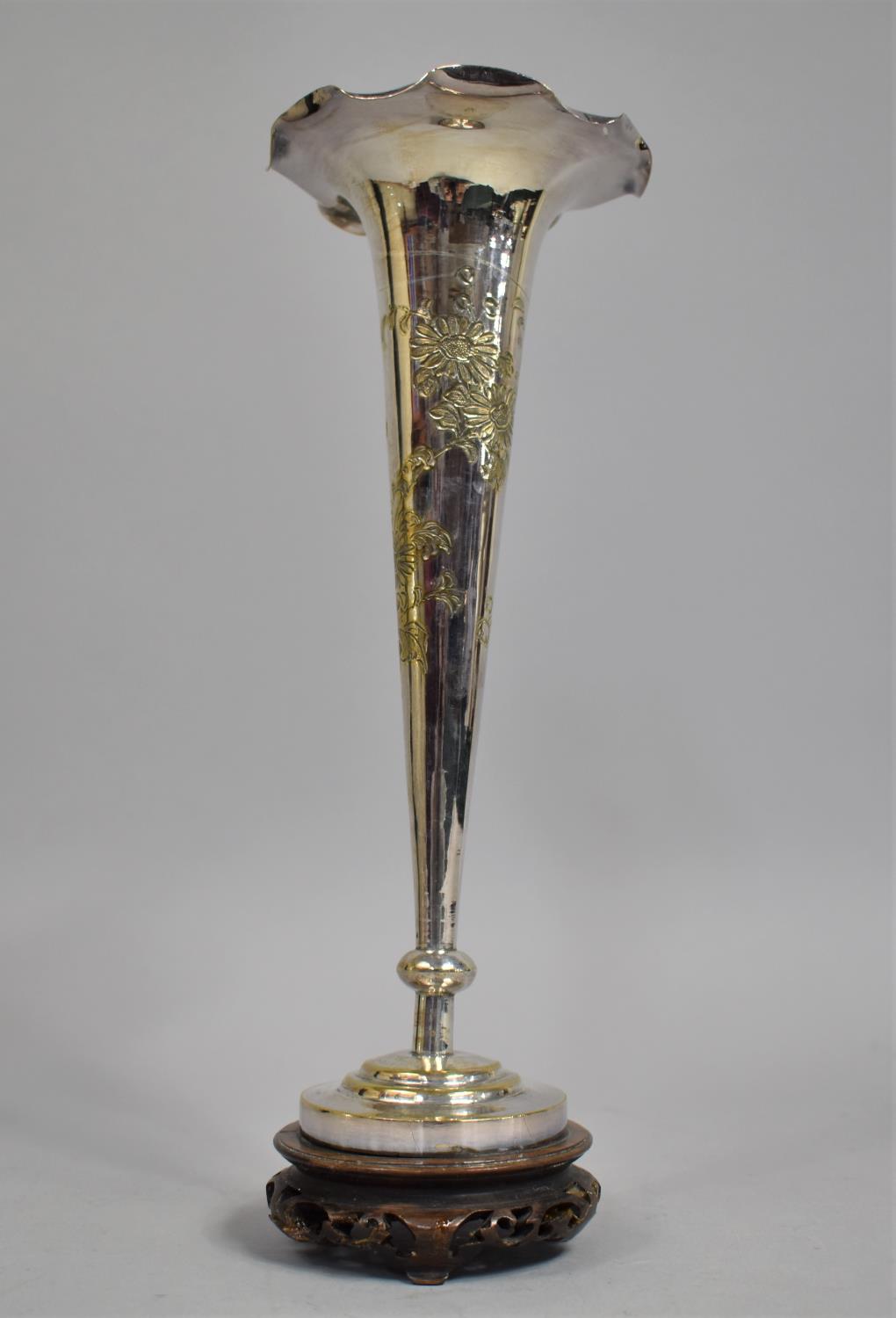 A Silver Plated Trumpet Vase with Engraved Floral Decoration on Carved Oriental Wooden Stand, 29cm