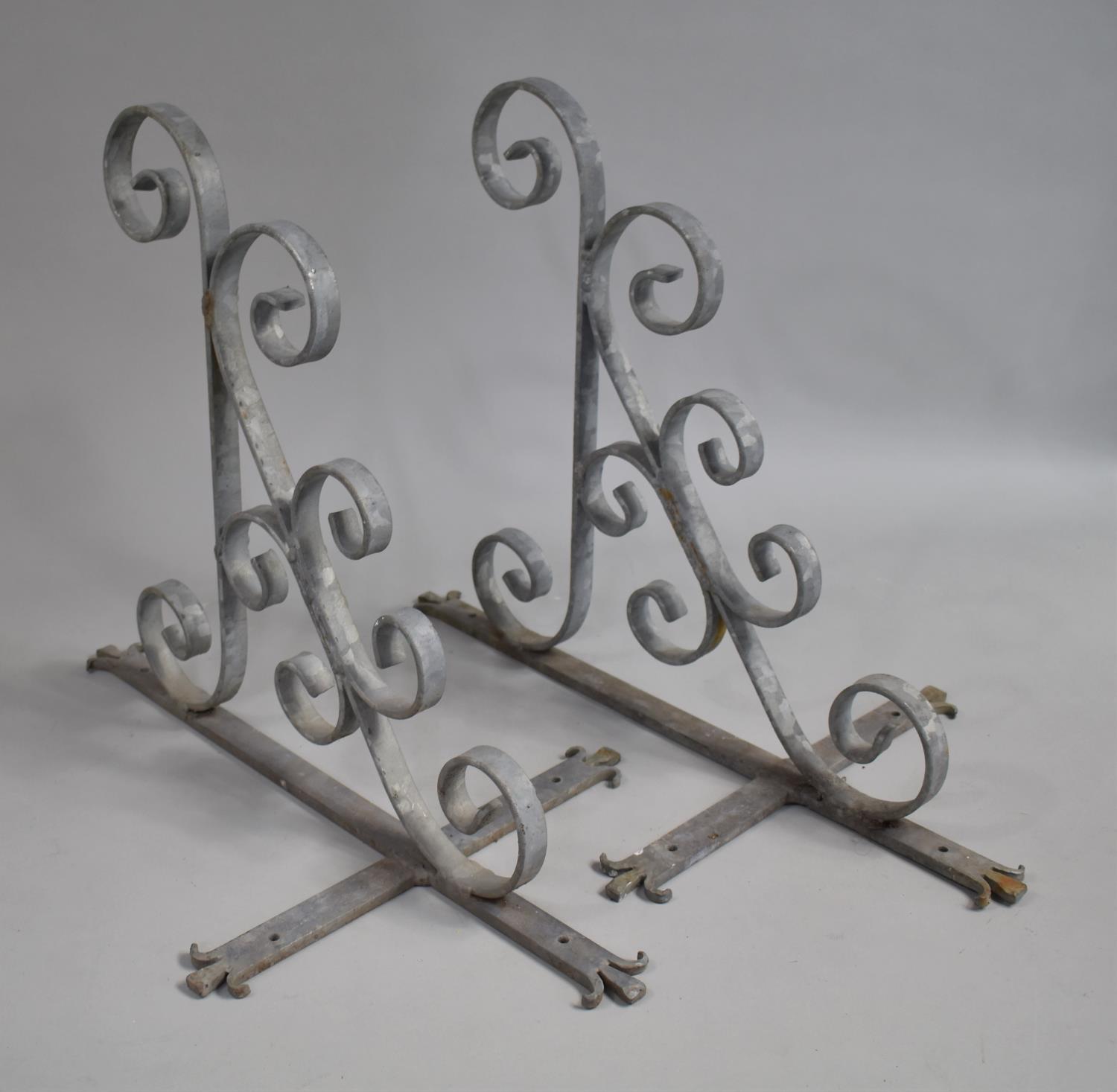 A Pair of Galvanized Iron Scrolled Wall Mounting Hanging Basket Stands, Each 53cm high