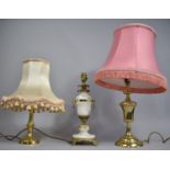 Two Brass Table Lamps and Shades Together with an Onyx and Brass Table Lamp Base