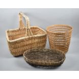 A Vintage Wicker Basket, Waste Bin and Shallow Oval Trug