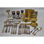 A Collection of Silver Plated Cutlery, Goblets, Measure, Brass Letter Rack, Weights etc