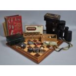 A Pair of Leather Cased Binoculars, Italian Inlaid Chess Board, Unrelated Chess Pieces, Cash Tin etc