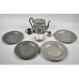 A Collection of Four Early Pewter Plates, Two Pewter Measures, Britannia Metal Teapot and Pewter Hip