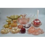 A Collection of Various Glassware to Comprise Cranberry Glass Vase, Frosted Glass Perfume Bottles,