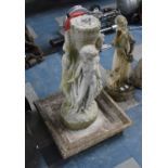 A Reconstituted Stone Square Topped Bird Bath with Three Graces Support, In Need of Refixing, 70cm