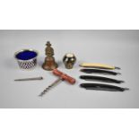 A Small Collection of Curios to Include Three Cut Throat Razors, Enamelled Small Vase, Brass Bell,