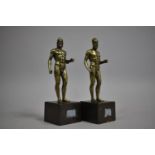 A Pair of Continental, Probably Greek Bronze Sculptures of Warriors on Rectangular Plinth Bases,