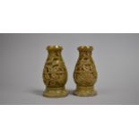 A Pair of Carved Soapstone Vases of Bottle Form with Foliate Decoration, 10cm high