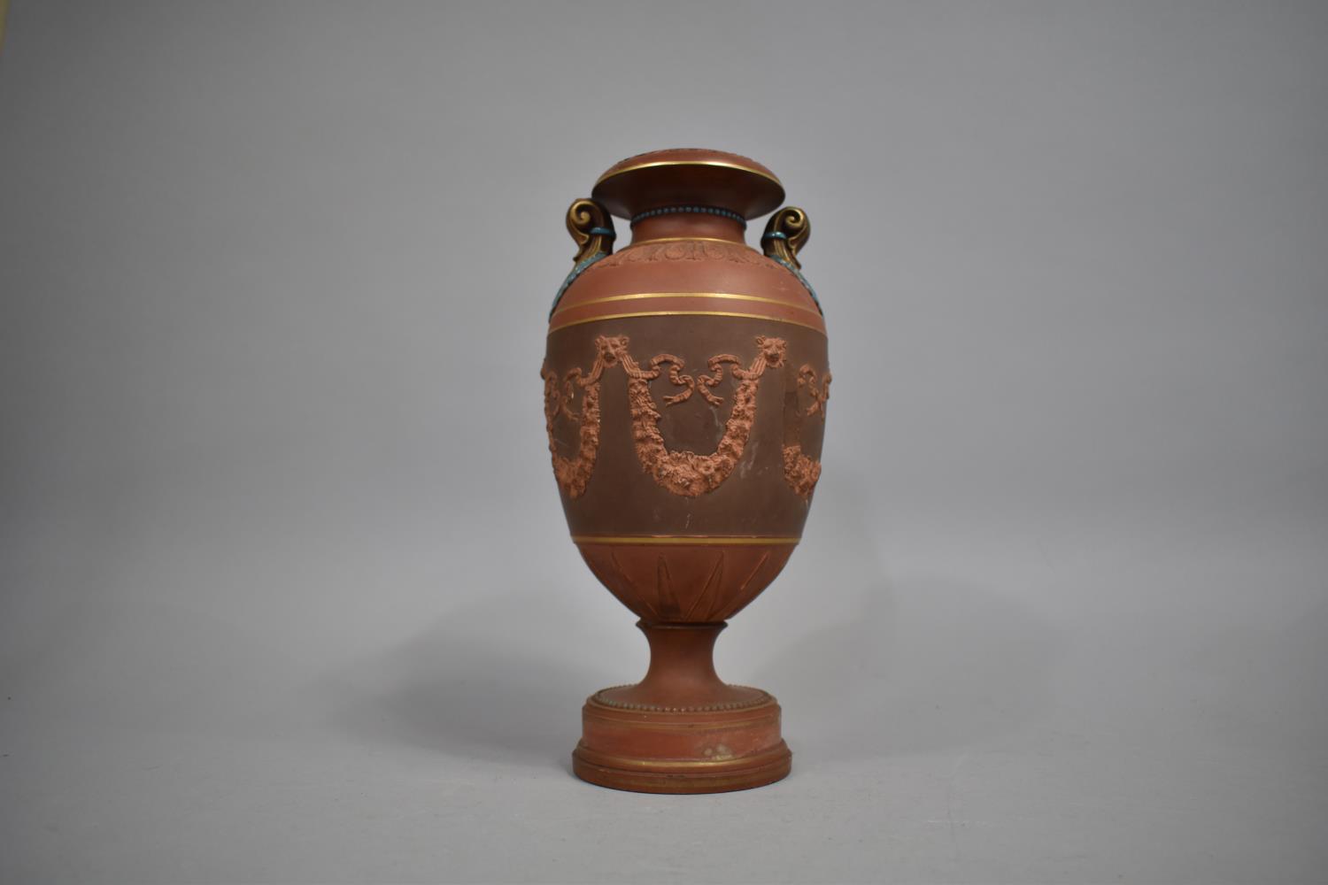 A Late 19th/20th Century Terracotta Two handled Vase with Floral Swag Decoration, Condition Issues