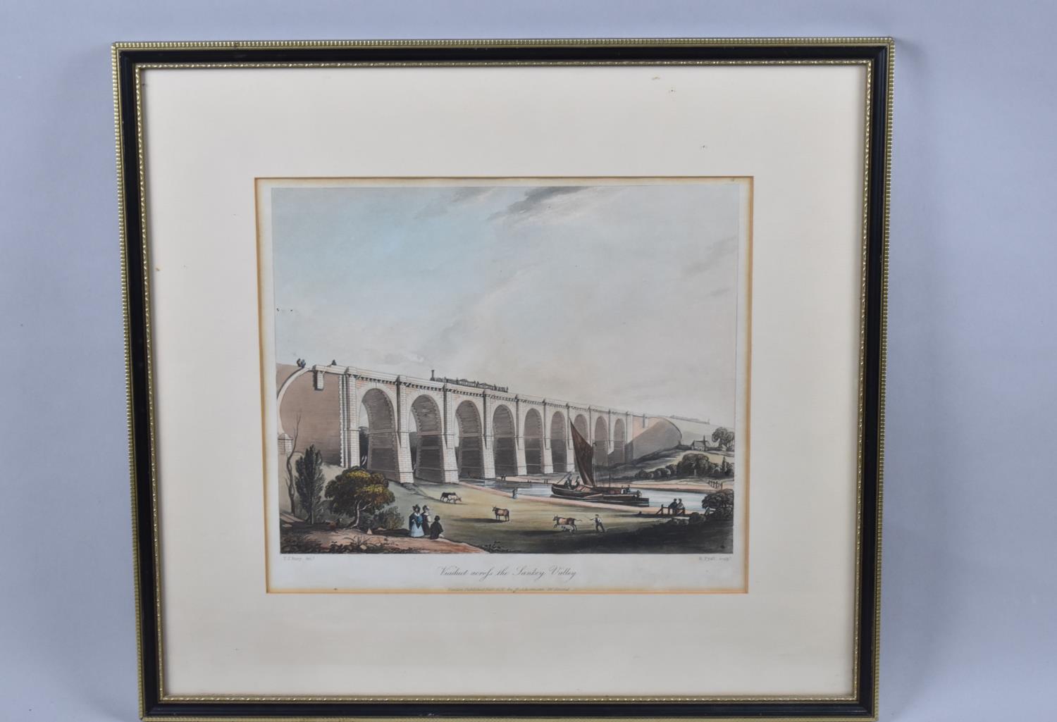 A Framed Coloured Engraving, Viaduct Across the Sankey Valley After Bury, 25x20cm