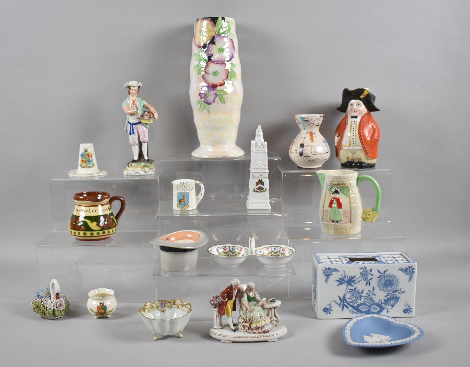 A Collection of Ceramics to Include Moss Bros Top Hat, Price Lustre Vase, Figural Ornaments, Crested