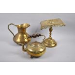 A Victorian Brass Trivet Stand, Later Copper Kettle and a Brass Jug