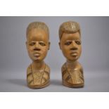 A Pair of Large Souvenir Carved Wooden African Busts, 32cm high