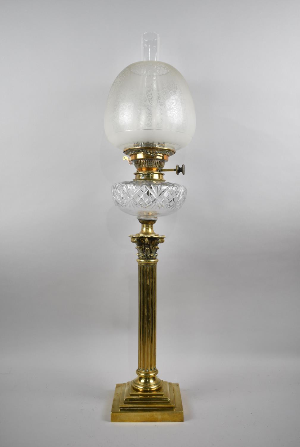 A Late Victorian Corinthian Column Oil Lamp with Acanthus Pedestal, Cut Glass Reservoir and Complete