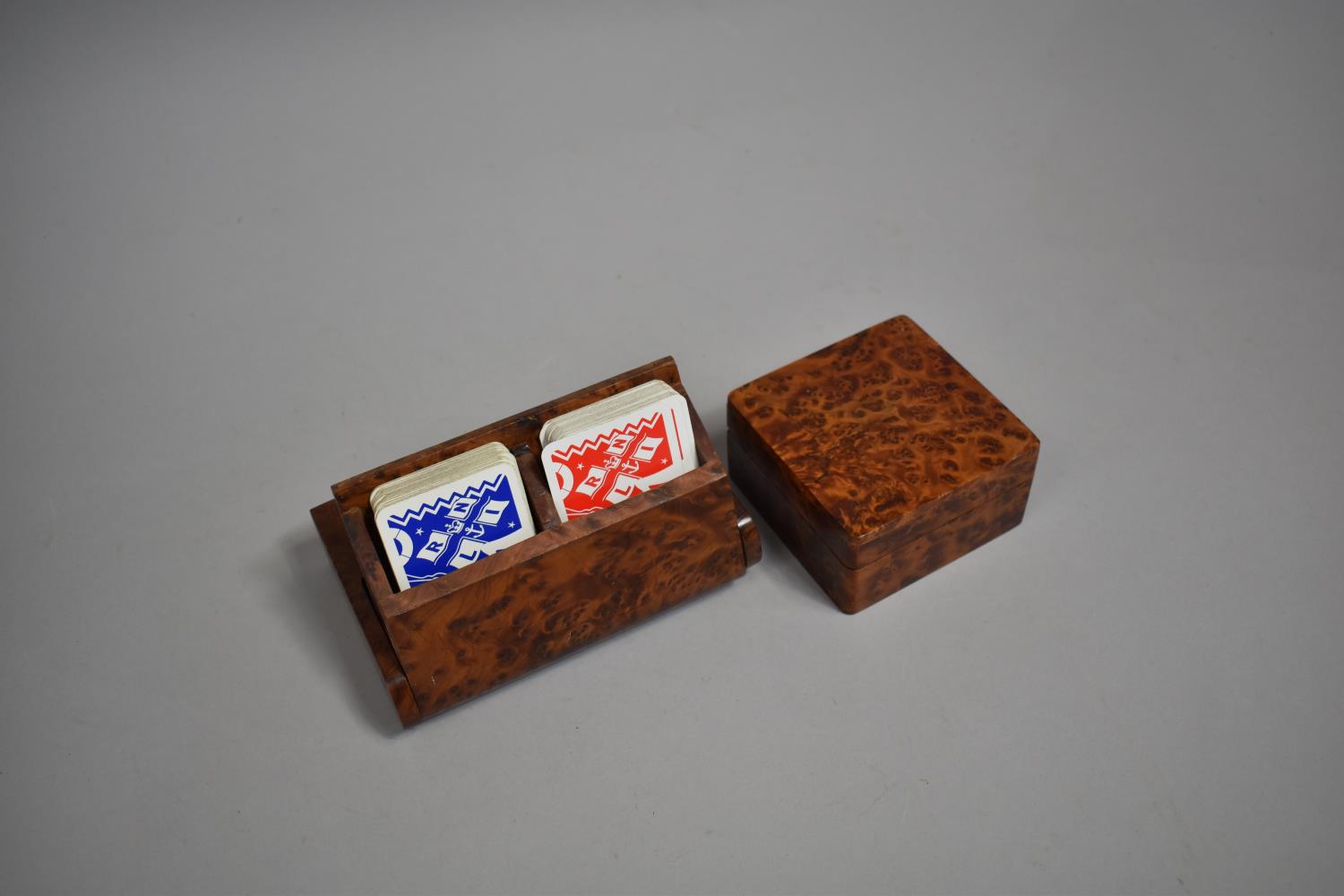 Two Modern Burr Wood Boxes, the One in the Form of a Book Containing Pair of Playing Card Packs - Image 2 of 3
