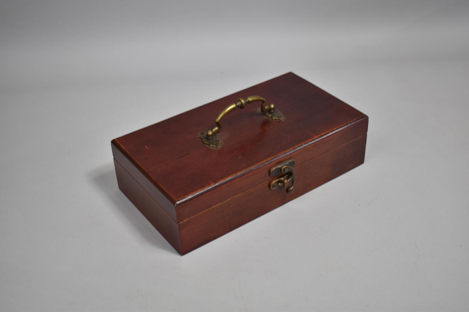 A Modern Mahogany Stained Rectangular Box with Brass Carry Handle and Locking Clasp, 30cm wide