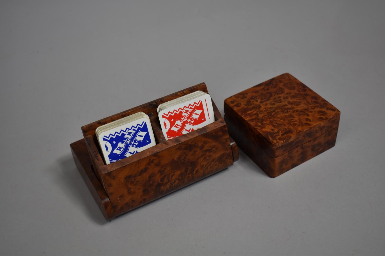 Two Modern Burr Wood Boxes, the One in the Form of a Book Containing Pair of Playing Card Packs - Image 3 of 3