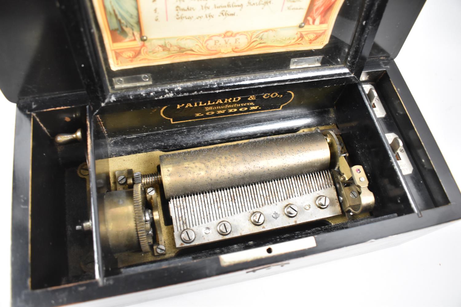 A Continental Rosewood and Marquetry Inlaid Cylinder Musical Box Playing Six Airs as Detailed on - Image 3 of 4