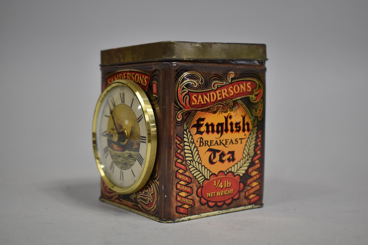 A Novelty Tea Caddy with Clock Mounts, Complete with Caddy Spoon and Original Printed - Image 3 of 3