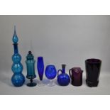 A Collection of Various Coloured Glass to Comprise Heavy Set Aubergine Glass Vase of Deco Style,