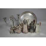 A Collection of Various Silver Plated Items to Comprise Three Branch Candelabra Pierced Circular
