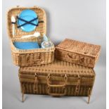 Three Vintage Wicker Picnic Hampers, One with Contents, the Largest 52cm wide