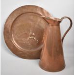 A Vintage Copper Ewer by Joseph Sankey Together with a Wall Hanging Plaque Decorated in Relief