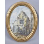 A Gilt Framed Oval Watercolour Depicting Ruined Wing of Country House, Signed H Clarke 1861, 22.