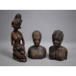 A Collection of Three African Carved Wooden Souvenir Figural Ornaments, Tallest 32cm high