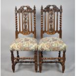 A Pair of Gothic Revival Oak Side Chairs with Tapestry Upholstery and Barley Twist Supports, One