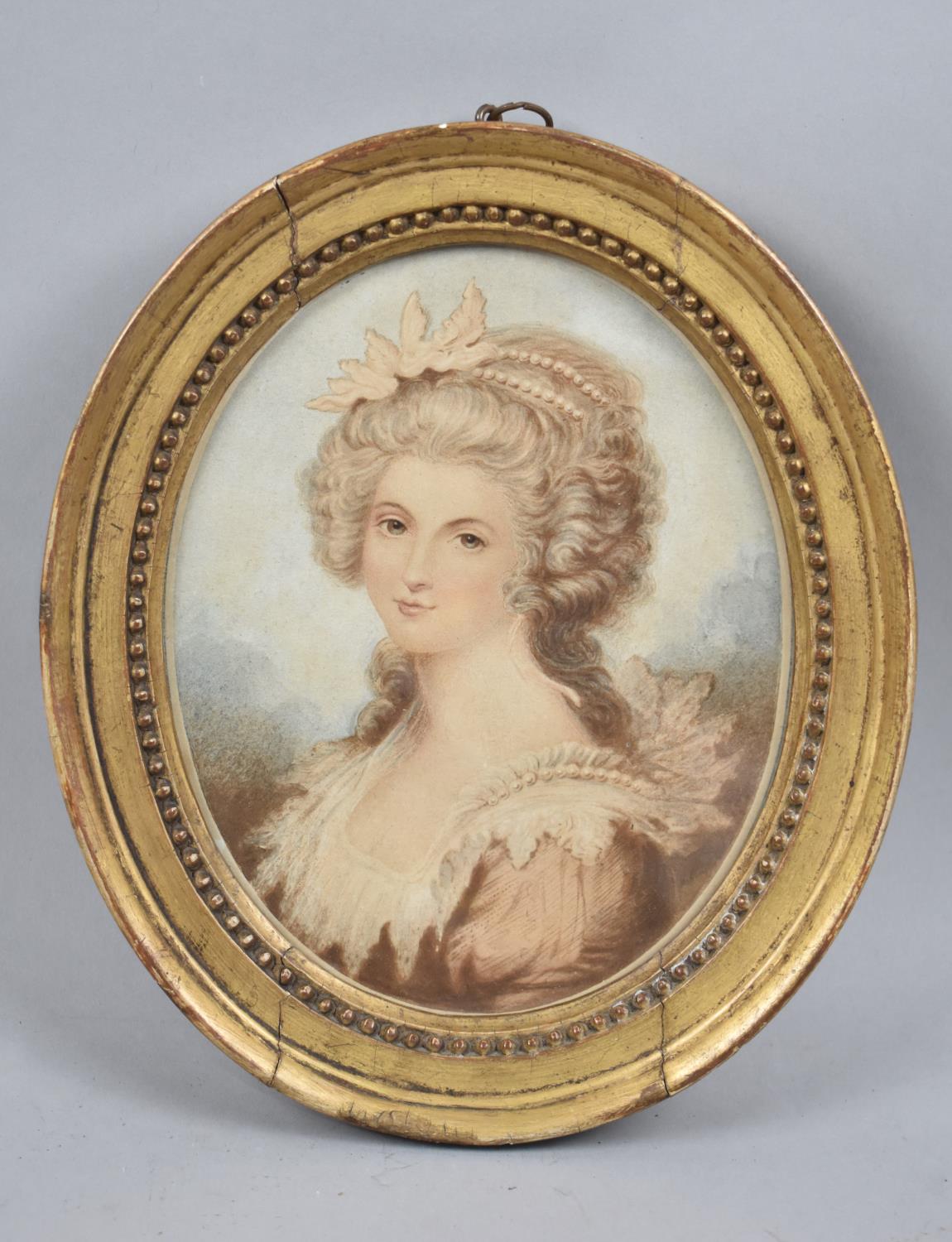 A Gilt Framed Oval Miniature Print, Portrait of the Wife of Sir John Sinclair after Cosway, 17x14cm