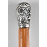 An Indian Silver Topped Malacca Walking Cane the Handle Decorated with Hindu Gods, No Ferule, 93cm