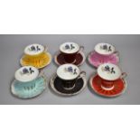 A Royal Stafford Harlequin Pattern Teas Set with Feathered Gilt Highlights and Floral Decoration (