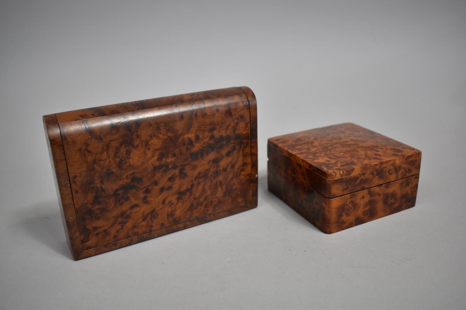 Two Modern Burr Wood Boxes, the One in the Form of a Book Containing Pair of Playing Card Packs