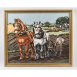 A Framed Tapestry Depicting Heavy Horses Ploughing, 53x43cm