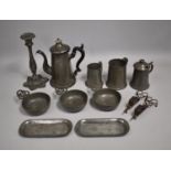 A Collection of Pewter Items to Comprise, Candle Stick Coffee Pot, Tankards etc