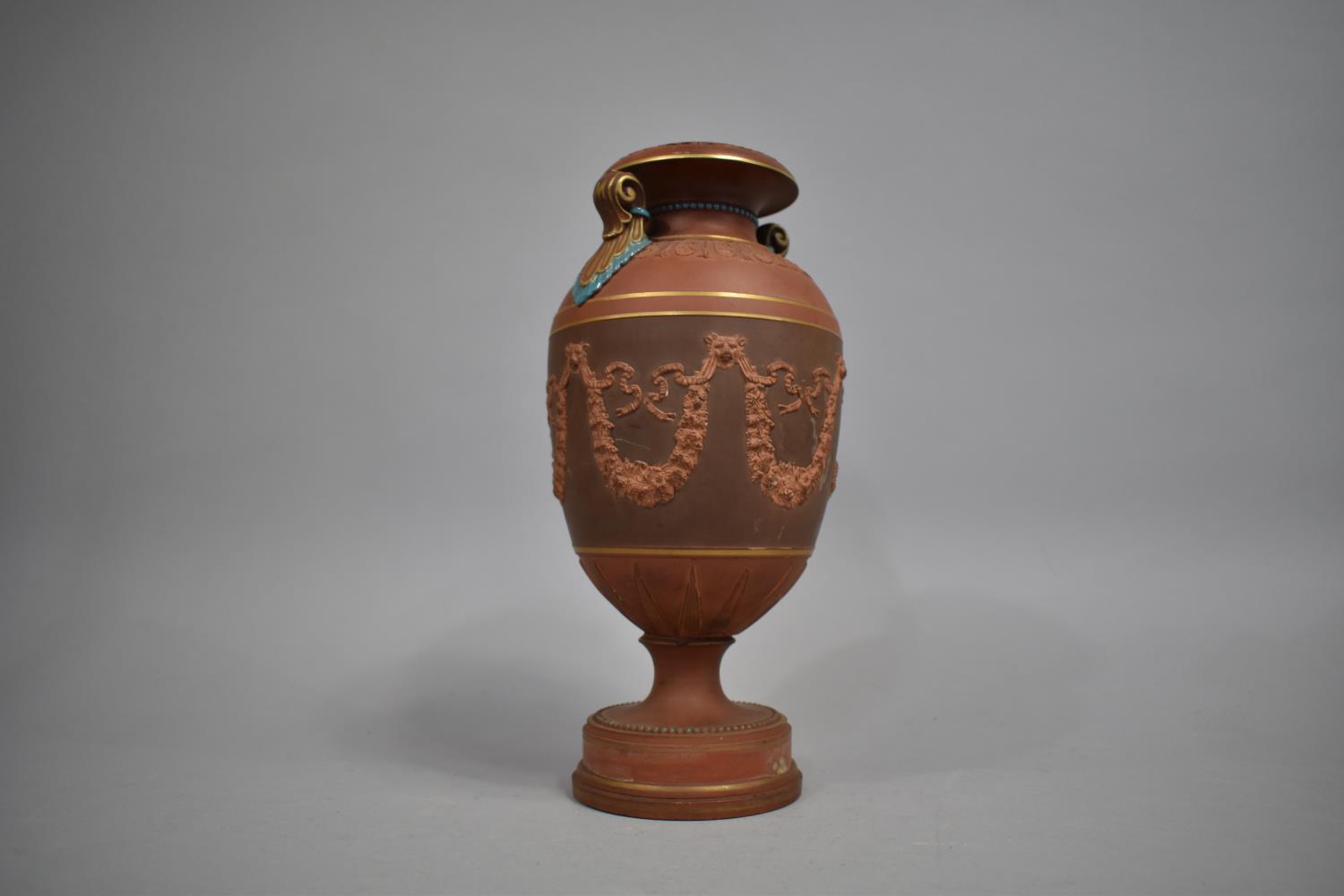 A Late 19th/20th Century Terracotta Two handled Vase with Floral Swag Decoration, Condition Issues - Image 2 of 2