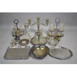 A Collection of Various Silver Plated Items to Comprise Three Branch Candelabra, Glass Cruet on