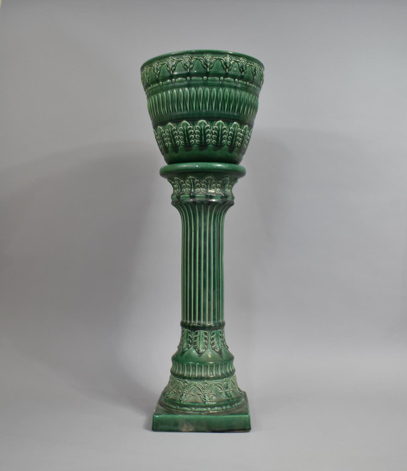 A Mid 20th Century Green Glazed Jardiniere on Stand, Made in West Germany, 79cm Overall
