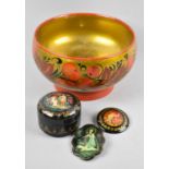 Four Pieces of Russian Lacquerware, Bowls, Lidded Circular Pot and Two Badges