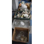 Five Boxes of Ceramics and Glassware to Include Continental Figural Ornaments, Jugs, Vases, Drinking
