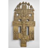 A 19th Century Cast Brass Russian Icon, the Reverse Engraved with Scripts, 28cm high