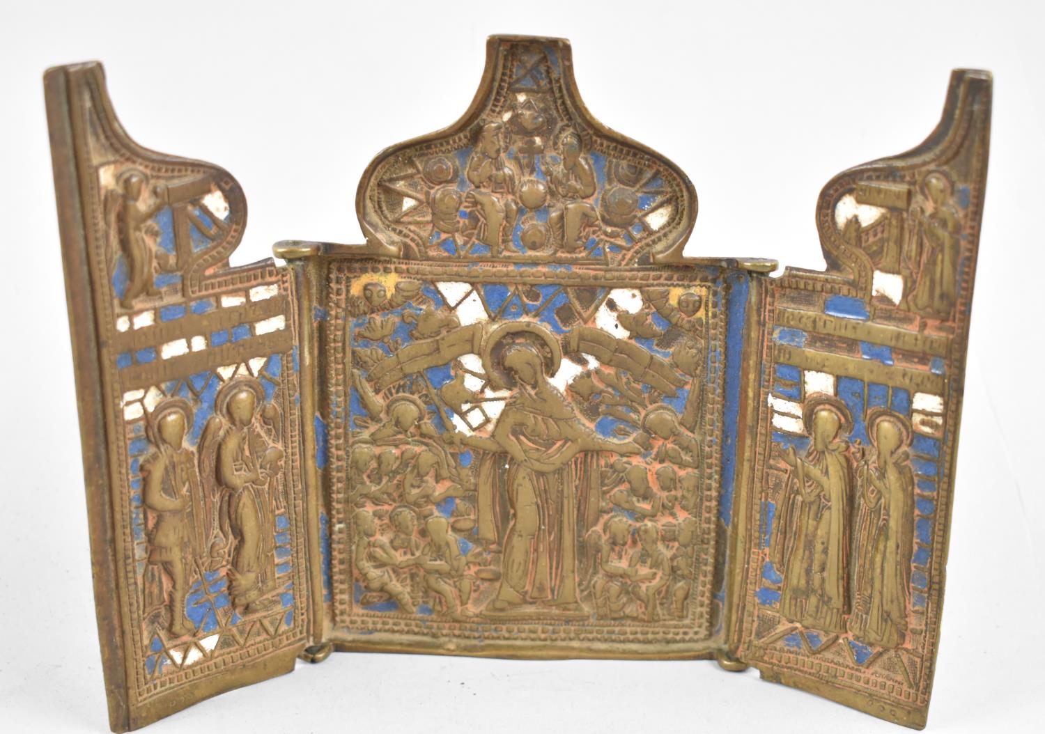 A Late 18th/Early 19th Century Cast Brass and Blue and White Enamelled Russian Travelling Triptych