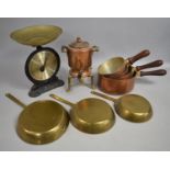 A Collection of Metalwares to Comprise Copper and Brass Pots and Pans, Copper Warmer/Salvor and a